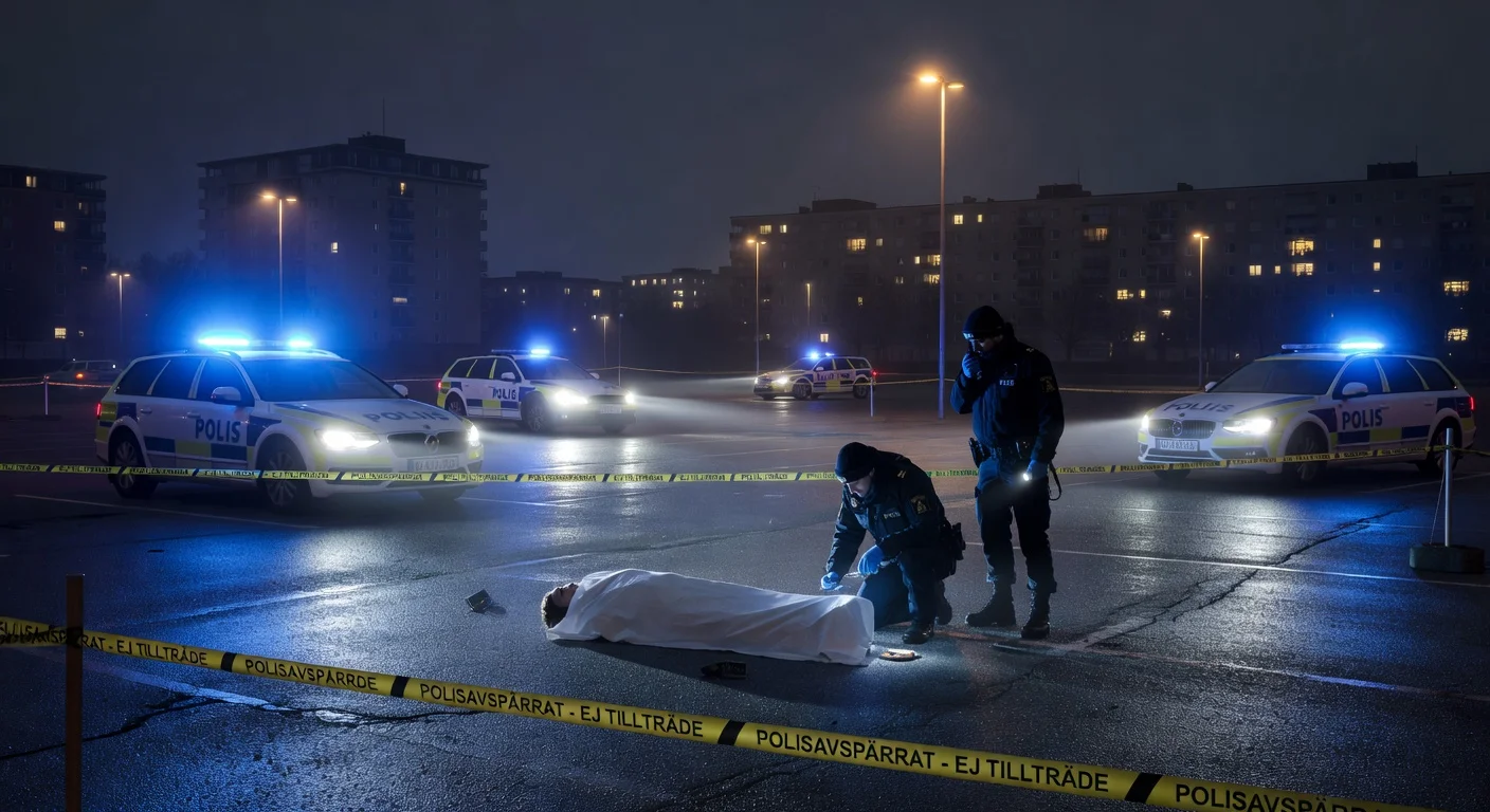 Realistic illustration of the crime scene where 20-year-old Hugo Mosshagen was fatally shot on an Örebro parking lot, showing police investigation at night.