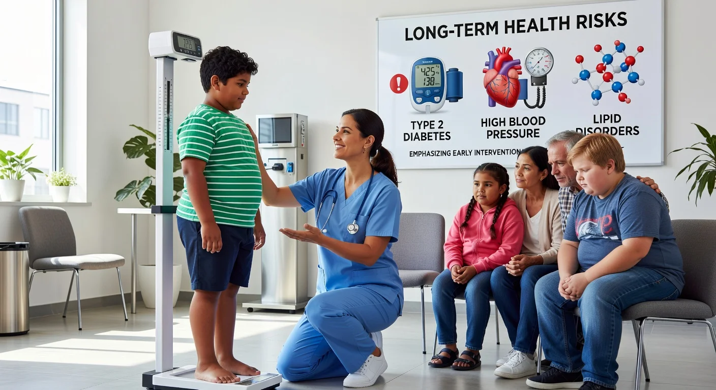 Pediatrician assessing overweight children in clinic, highlighting study-recommended early treatment to prevent adult risks like diabetes and hypertension.