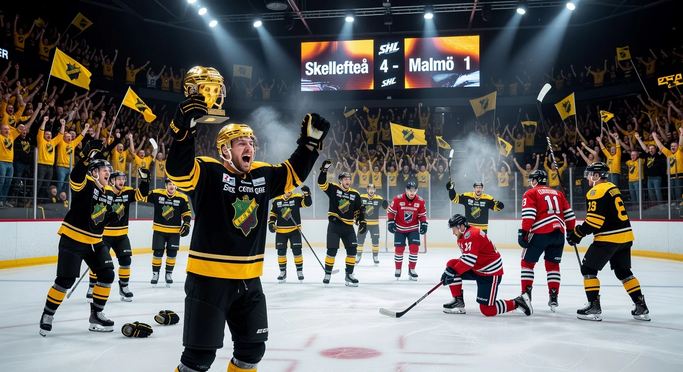 Skellefteå AIK players celebrate 4-1 quarterfinal win over Malmö Redhawks, with Oscar Lindberg holding Guldhjälmen.