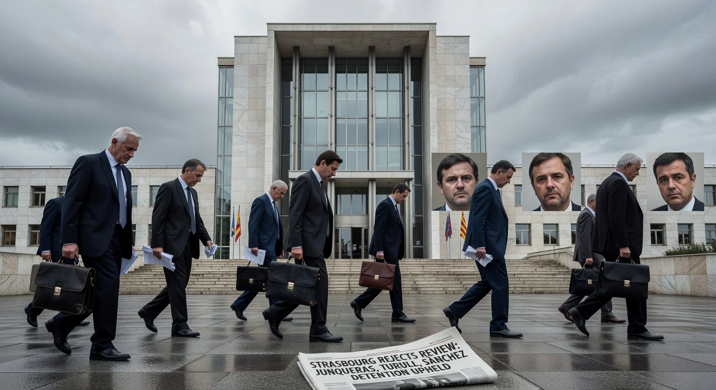 ECHR building in Strasbourg with lawyers exiting after rejection of Catalan leaders' detention review appeal.
