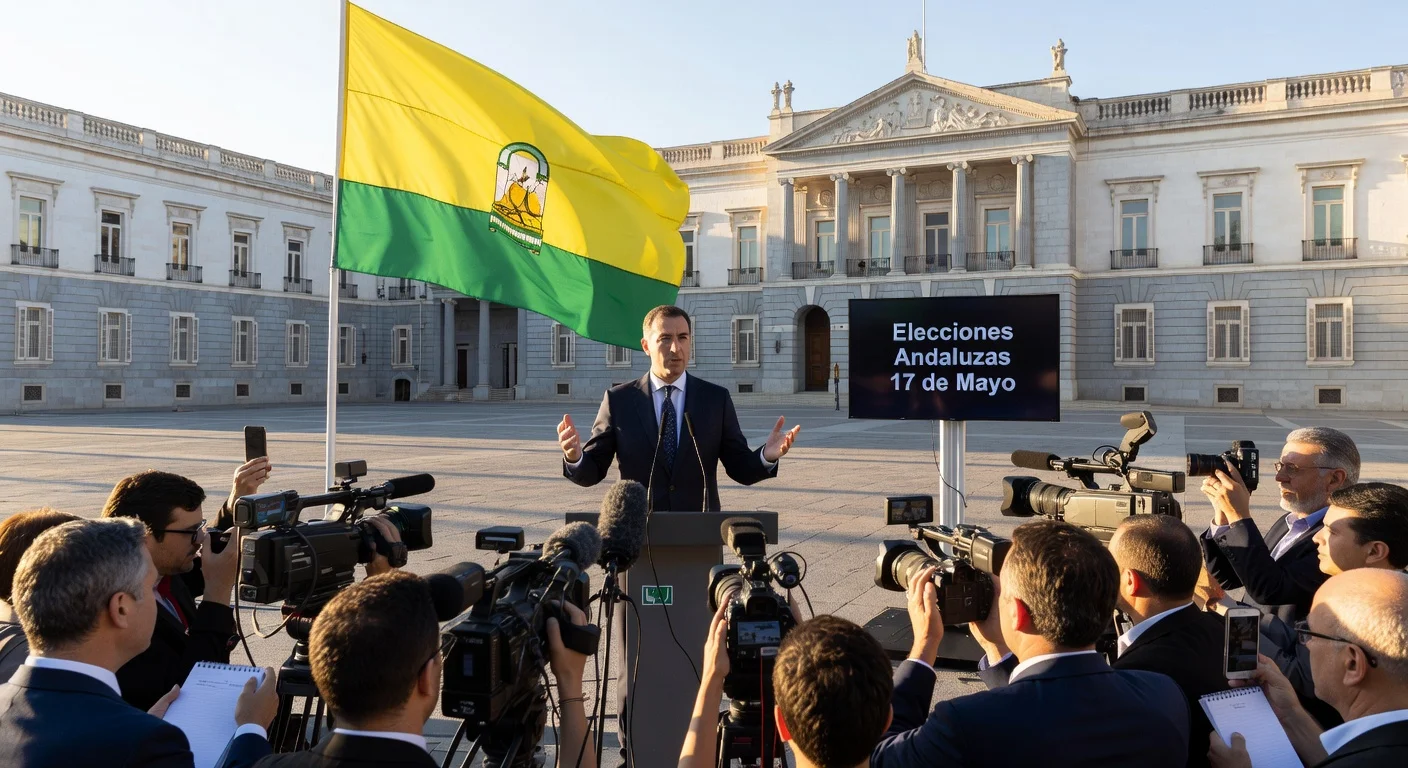 Juanma Moreno announces Andalusian regional elections for May 17 at Parliament press conference.