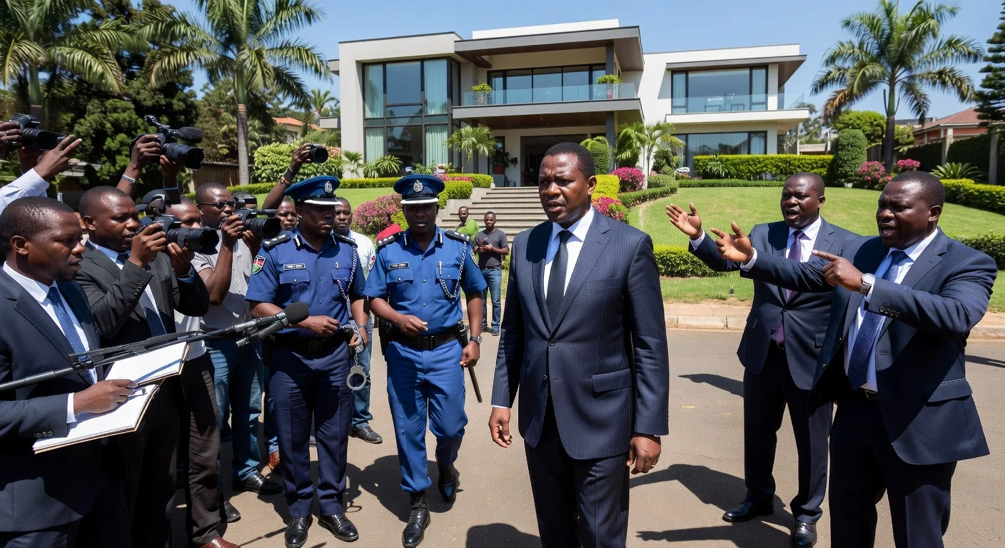 Illustration of Raphael Tuju being detained by police outside his Karen home after resurfacing and holding a press conference.