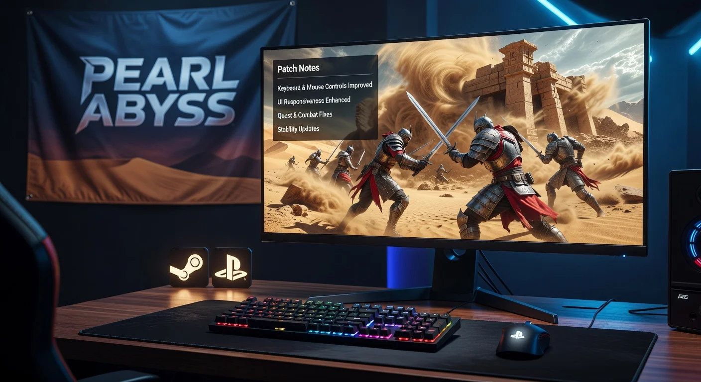 Photorealistic illustration of Crimson Desert patch 1.00.03 update on a gaming PC, highlighting keyboard/mouse fixes and UI improvements for a gaming news article.