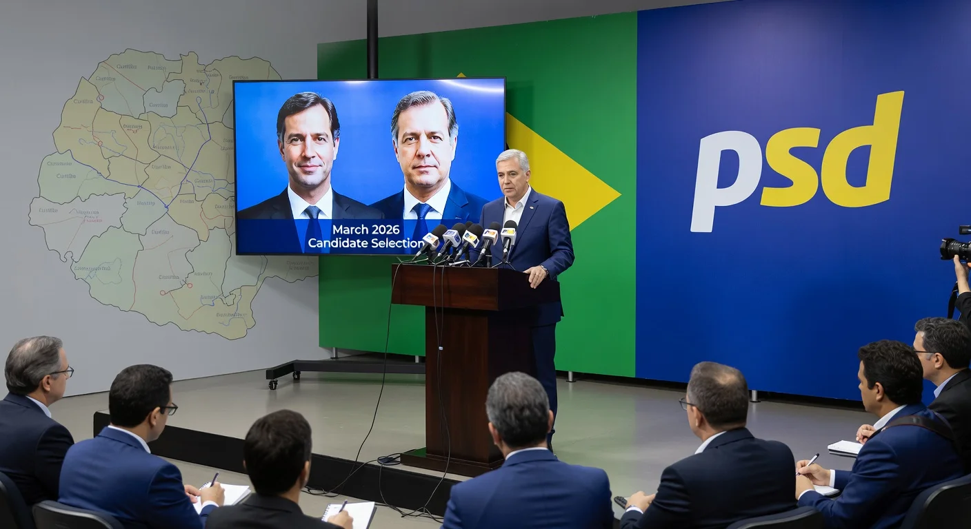 PSD's Gilberto Kassab announces continued 2026 presidential candidate timeline with Governors Leite and Caiado, despite Ratinho Júnior's withdrawal.
