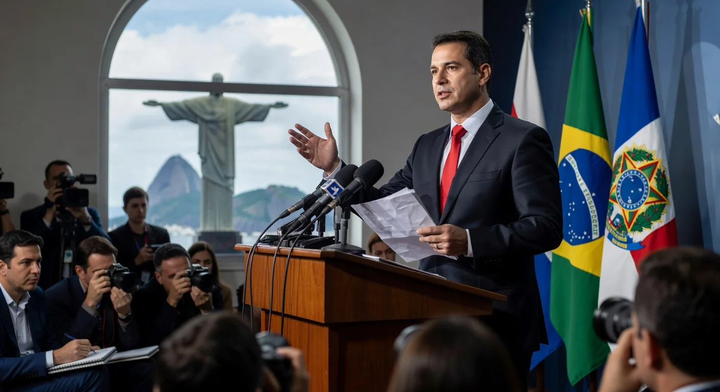 Cláudio Castro announces resignation as Rio governor at press conference, with Rio landmarks in background.