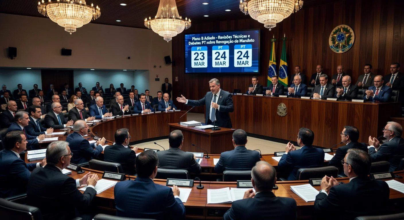 Brazilian Senate session illustrating postponement of electoral reform Plan B debate, with senators announcing delay and calendar update on screen.
