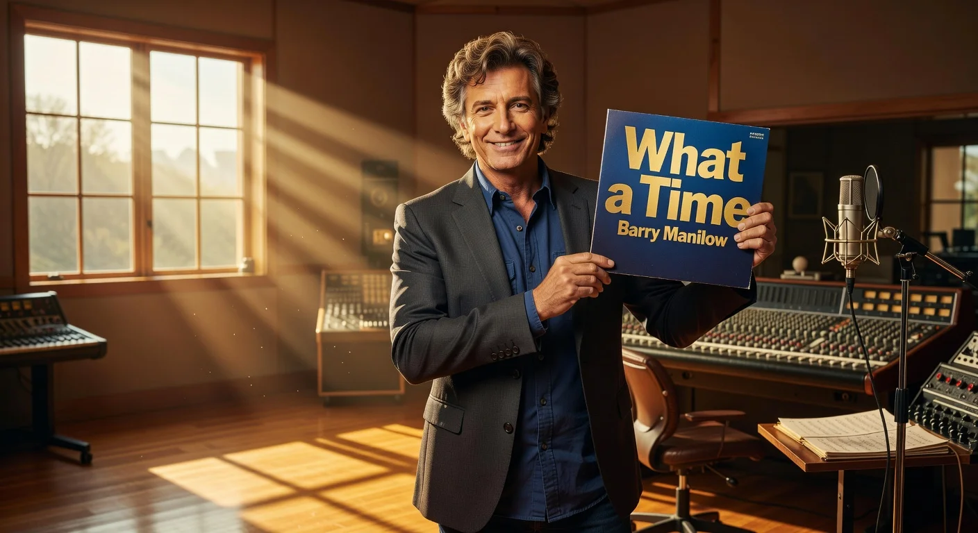 Barry Manilow smiling in a sunlit studio, holding his new album 'What a Time', evoking joy and comeback after health recovery.