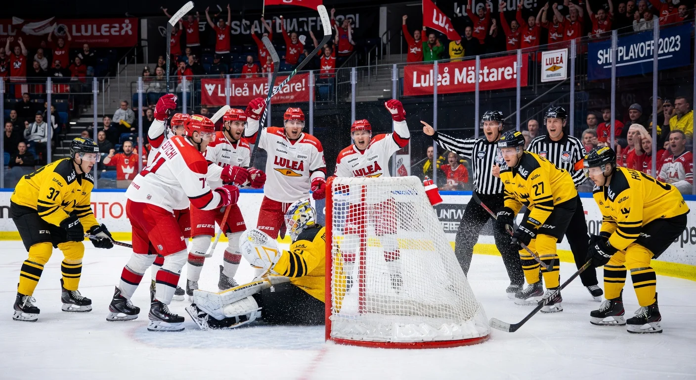Dramatic overtime goal celebration as Luleå Hockey defeats Frölunda 3-2 in SHL playoff opener amid referee controversy.