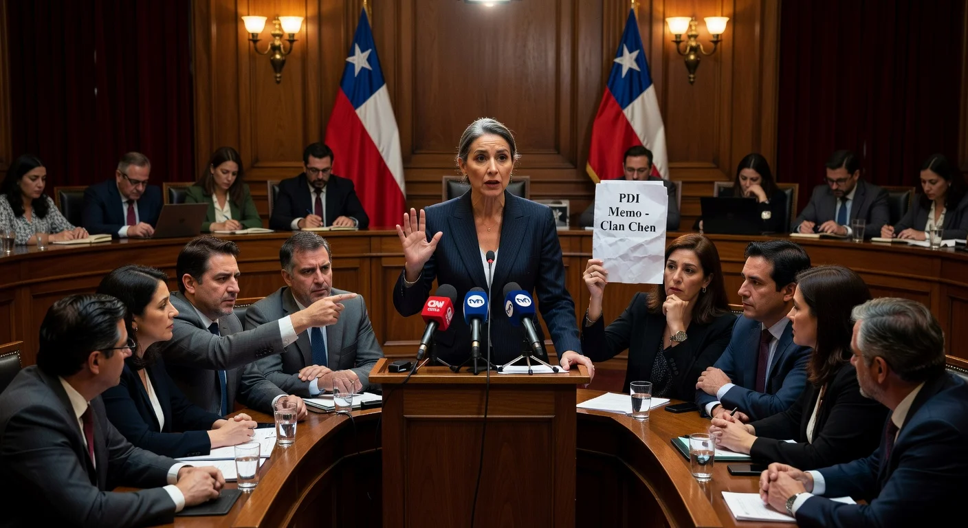 Illustration of Security Minister Steinert defending PDI official's resignation before skeptical opposition in congressional hearing.