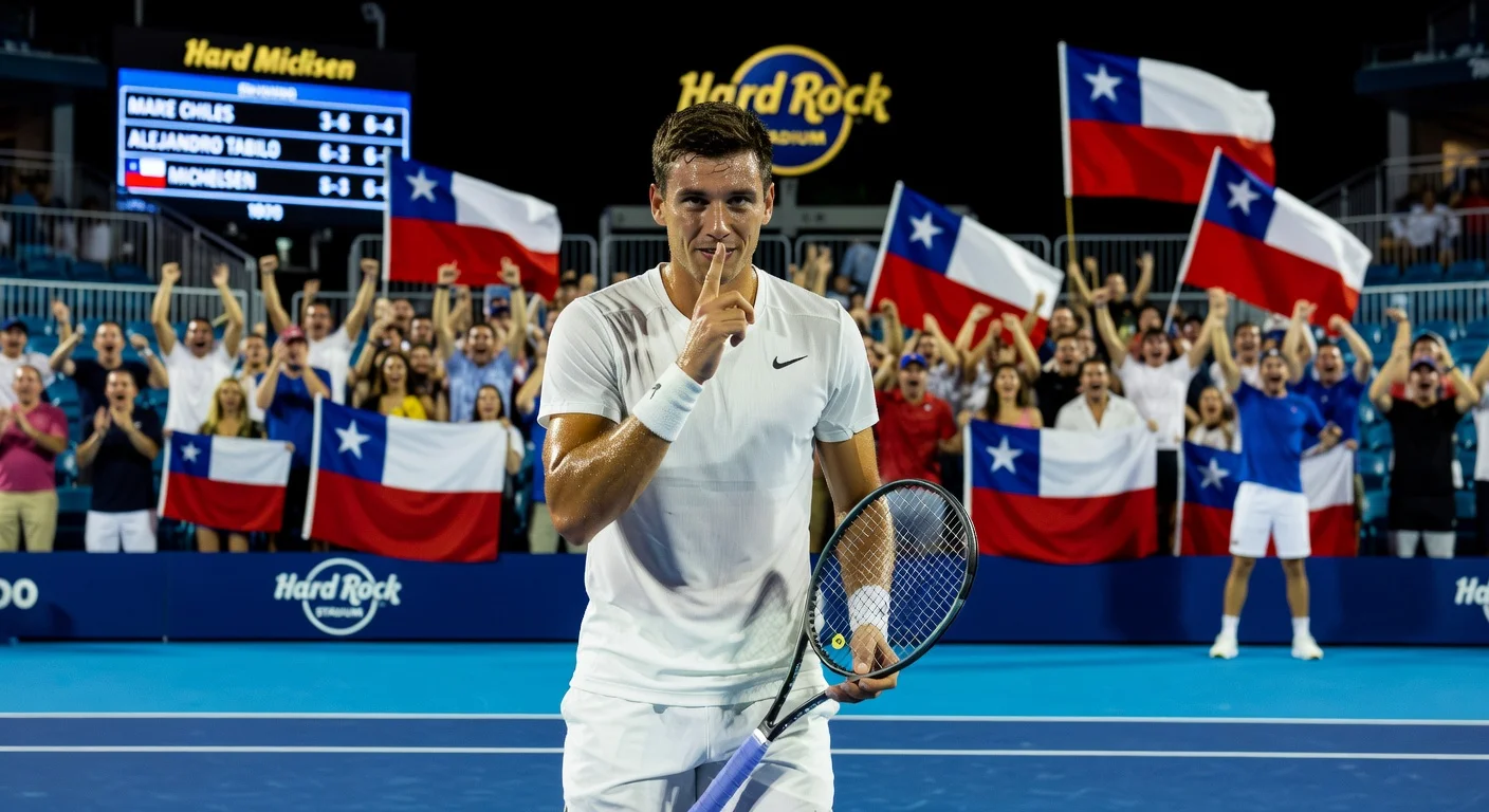 Alex Michelsen shushes booing Chilean crowd after defeating Alejandro Tabilo in Miami Masters third round.