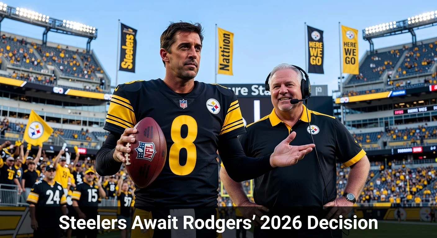 Aaron Rodgers and Steelers coach Mike McCarthy on the sideline at Acrisure Stadium, evoking anticipation for a potential 2026 reunion amid free agency rumors.