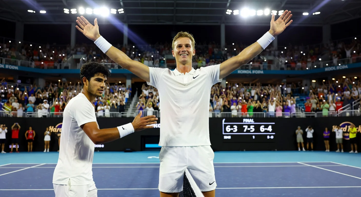 Sebastian Korda celebrates upsetting Carlos Alcaraz in Miami Open third round handshake.