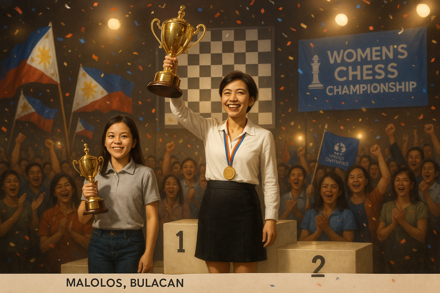 Janelle Mae Frayna celebrates victory in Philippine women's chess championship with runner-up Ruelle Canino.