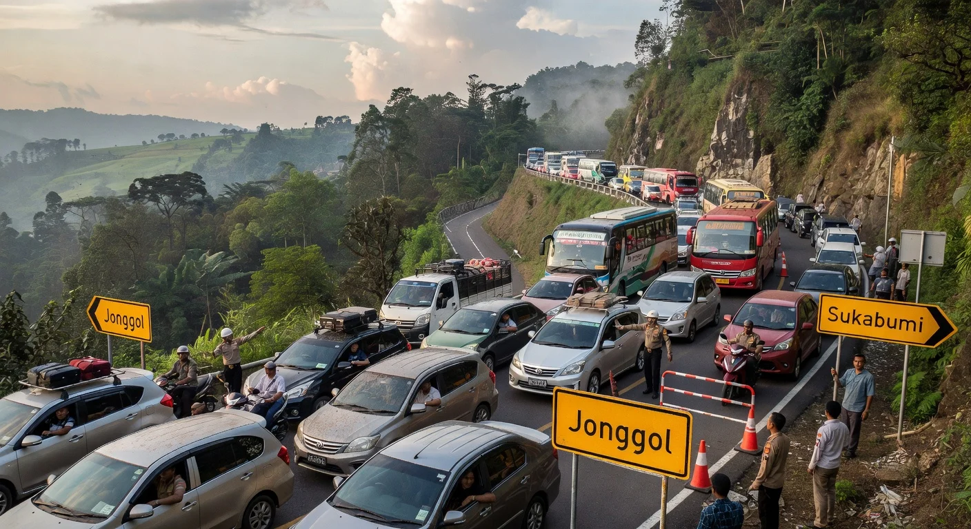 Severe traffic jam on Puncak-Cianjur route during Eid return, with 18km queues and police implementing one-way diversions to Jonggol and Sukabumi.