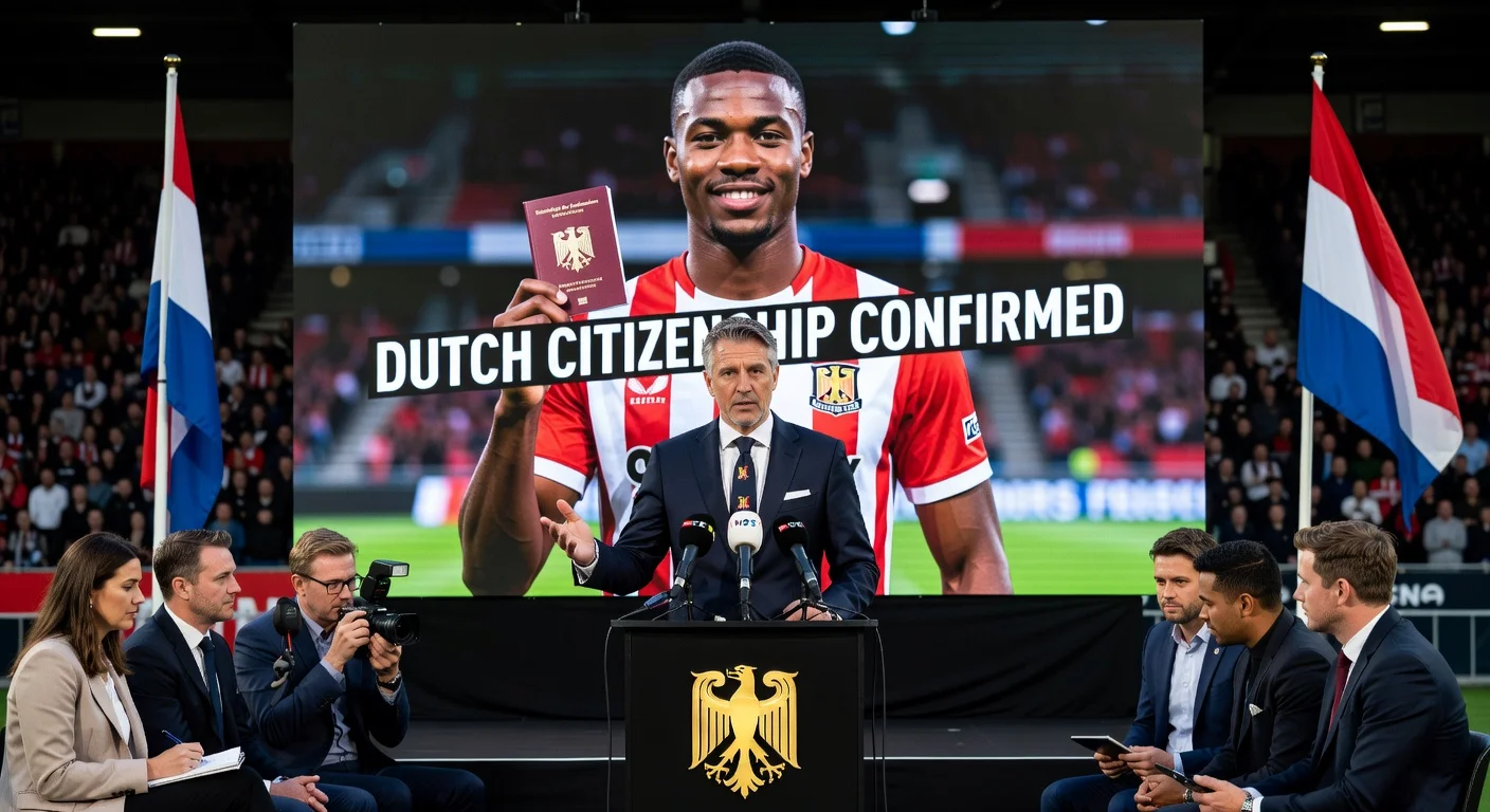 Go Ahead Eagles director Jan Willem van Dop at press conference affirming Dean James's Dutch citizenship status amid NAC Breda dispute.