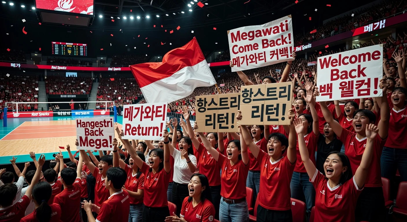 Red Sparks volleyball fans in a South Korean arena holding banners calling for Megawati Hangestri's return after Elisa Zanette's departure.