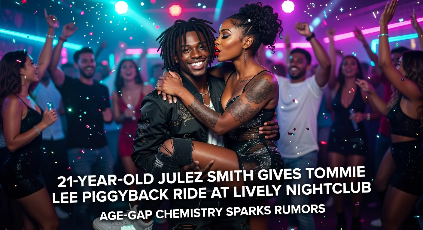 Illustration of Julez Smith carrying Tommie Lee piggyback-style at a party, highlighting flirty moments fueling dating rumors.