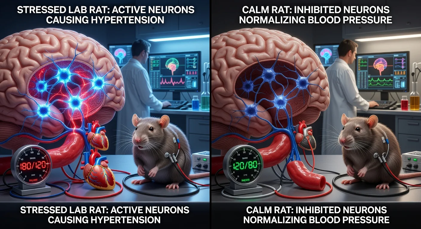 Illustration of rat brainstem neurons in the lateral parafacial region driving hypertension, with inhibition restoring normal blood pressure.