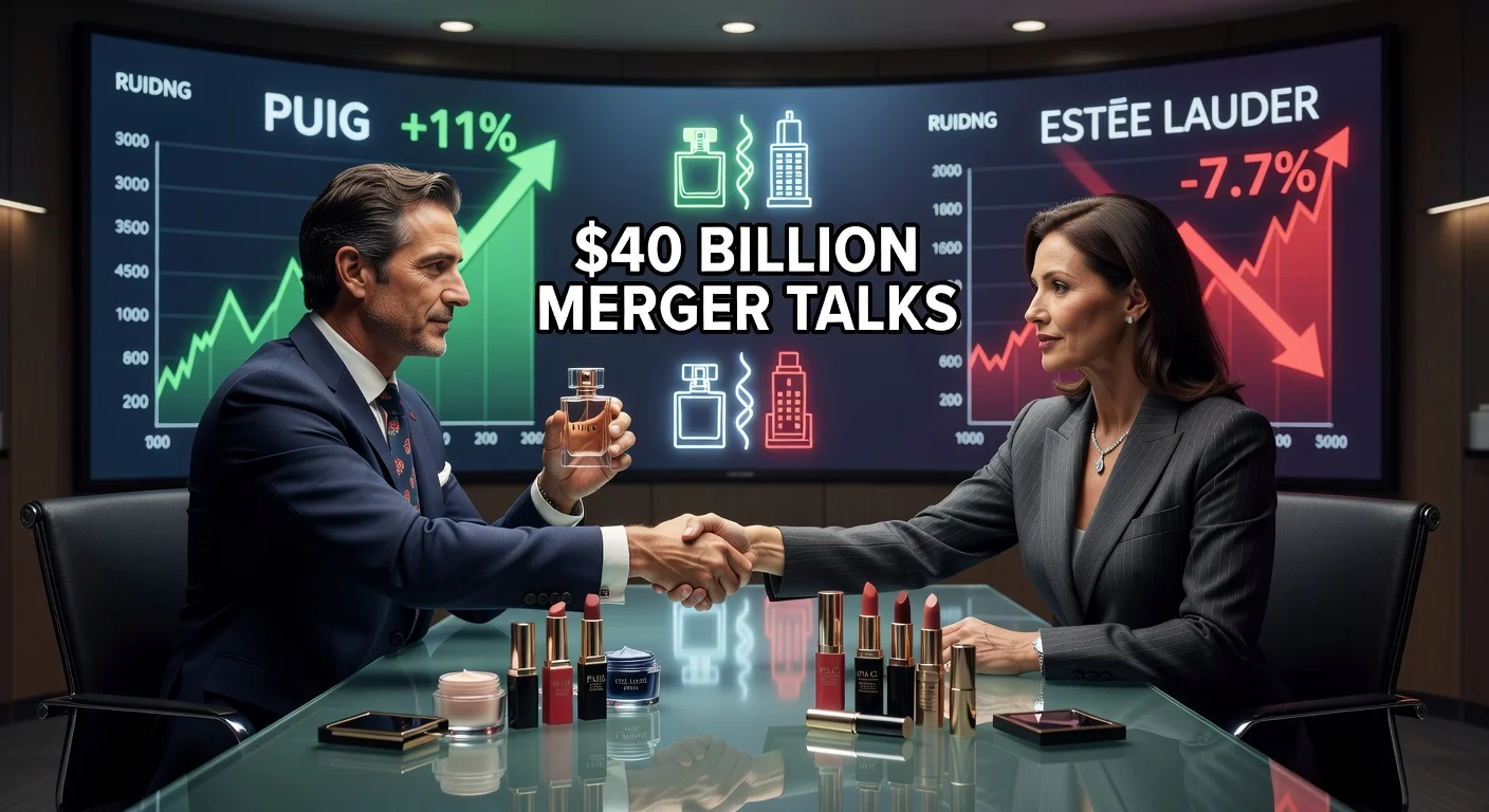 Executives from Puig and Estée Lauder shaking hands amid $40B merger talks, with stock charts showing price swings and luxury beauty products on display.