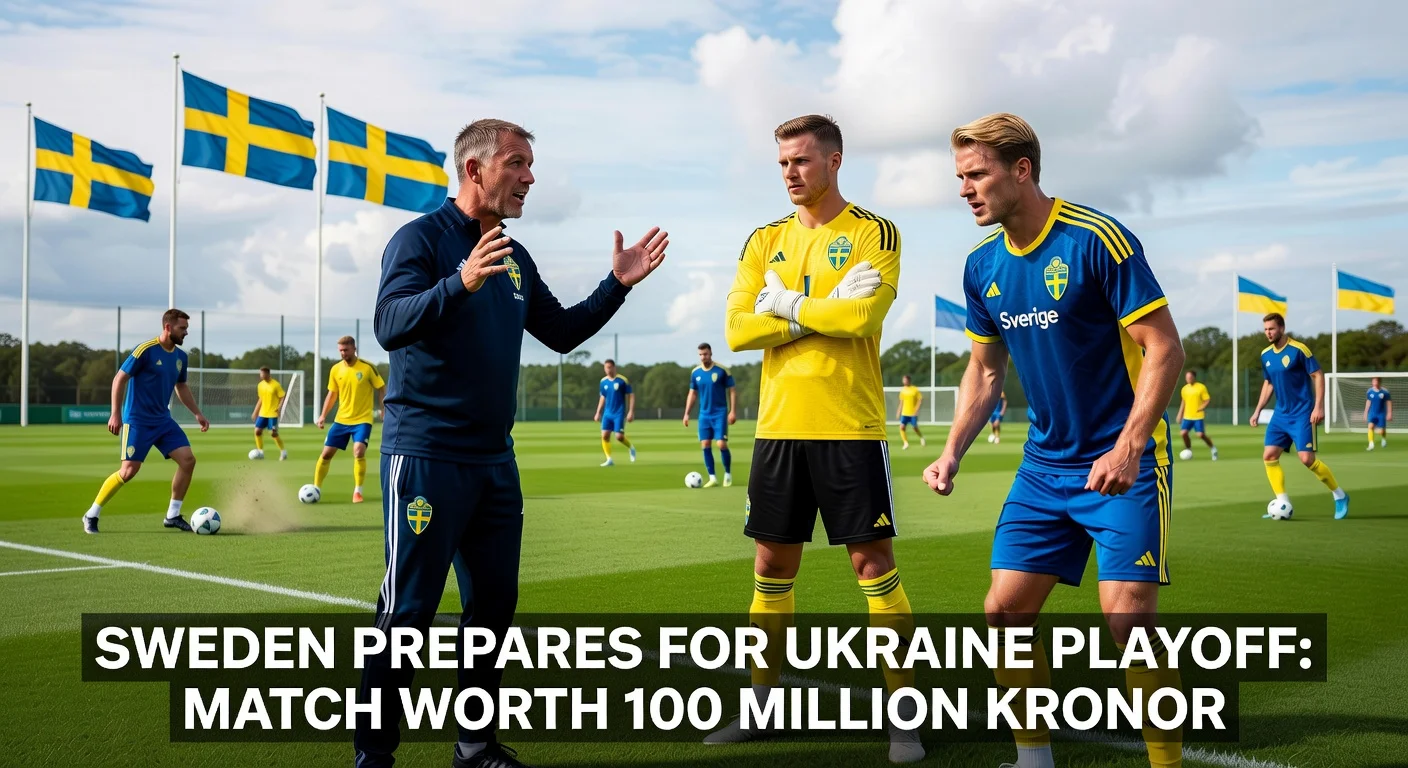 Sweden's football team trains with coach Graham Potter, goalkeeper Nordfeldt, and striker Gyökeres ahead of crucial World Cup playoff vs. Ukraine.