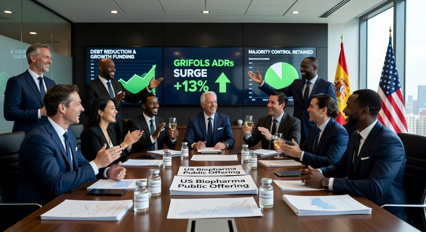 Grifols executives in boardroom approving minority stake IPO for US Biopharma business, with surging stock charts on screens.