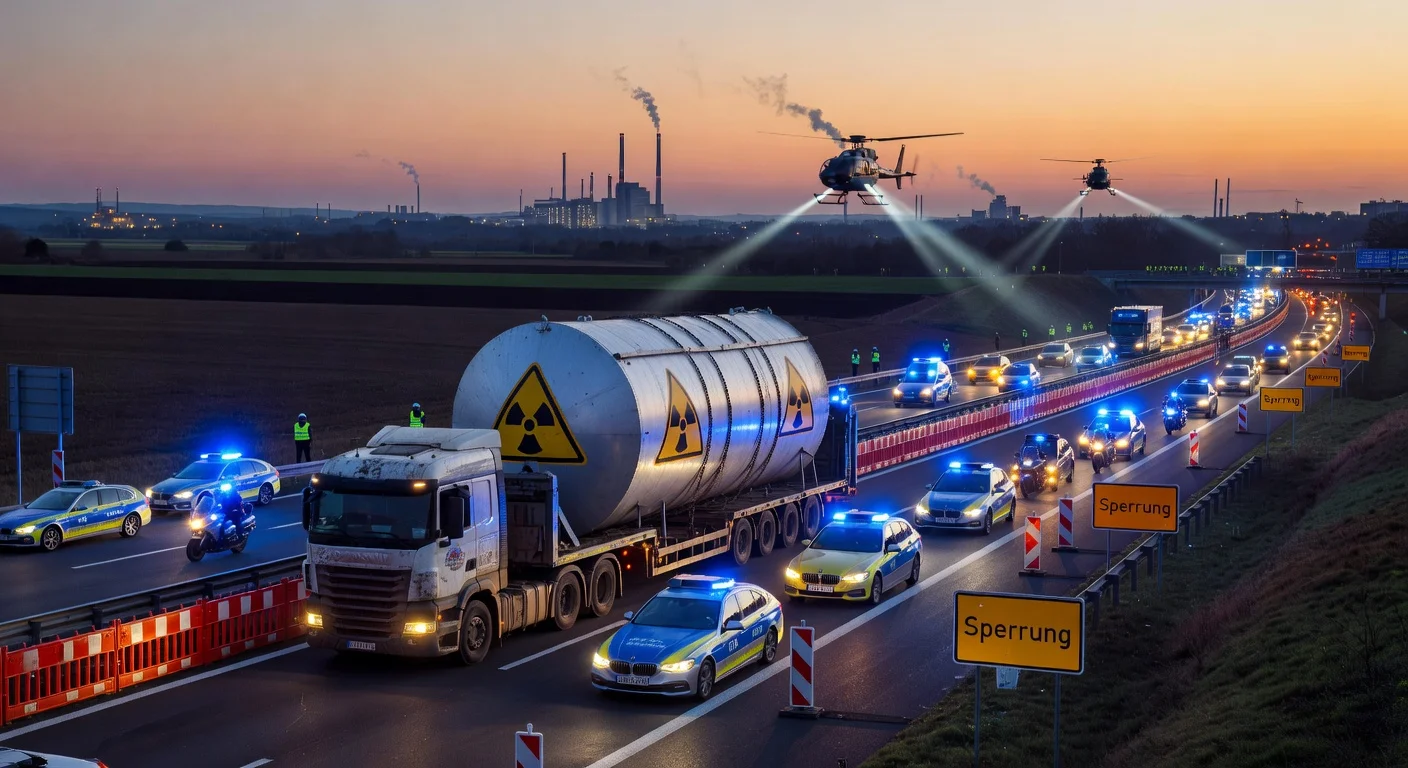 Police-escorted heavy truck carrying nuclear waste Castor container on closed German motorway at dusk.