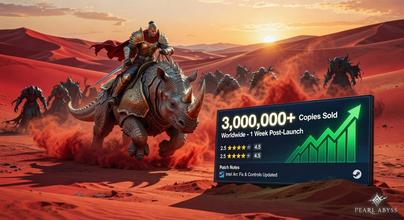 Illustration of Crimson Desert's desert battlefield with a 3 million sales milestone overlay, highlighting post-launch recovery and fixes.