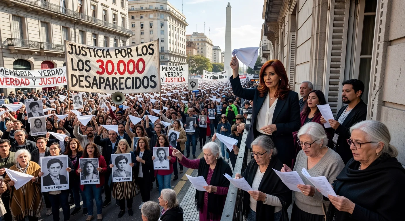 Thousands march in Buenos Aires protesting the 1976 coup anniversary; Cristina Kirchner waves white handkerchief from balcony amid chants for justice.