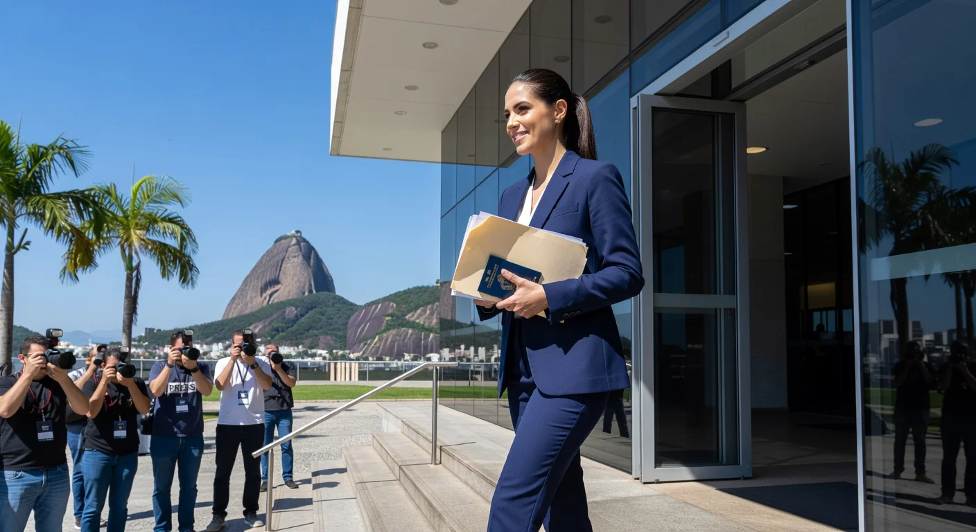 Argentine lawyer Agostina Páez exits Rio de Janeiro courthouse, free to return home after racism charge resolved with community service.