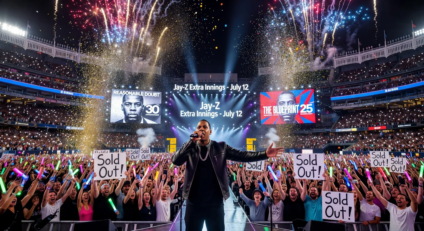 Photorealistic illustration of Yankee Stadium packed for Jay-Z's third 'Extra Innings' concert, celebrating album anniversaries amid sell-out excitement.