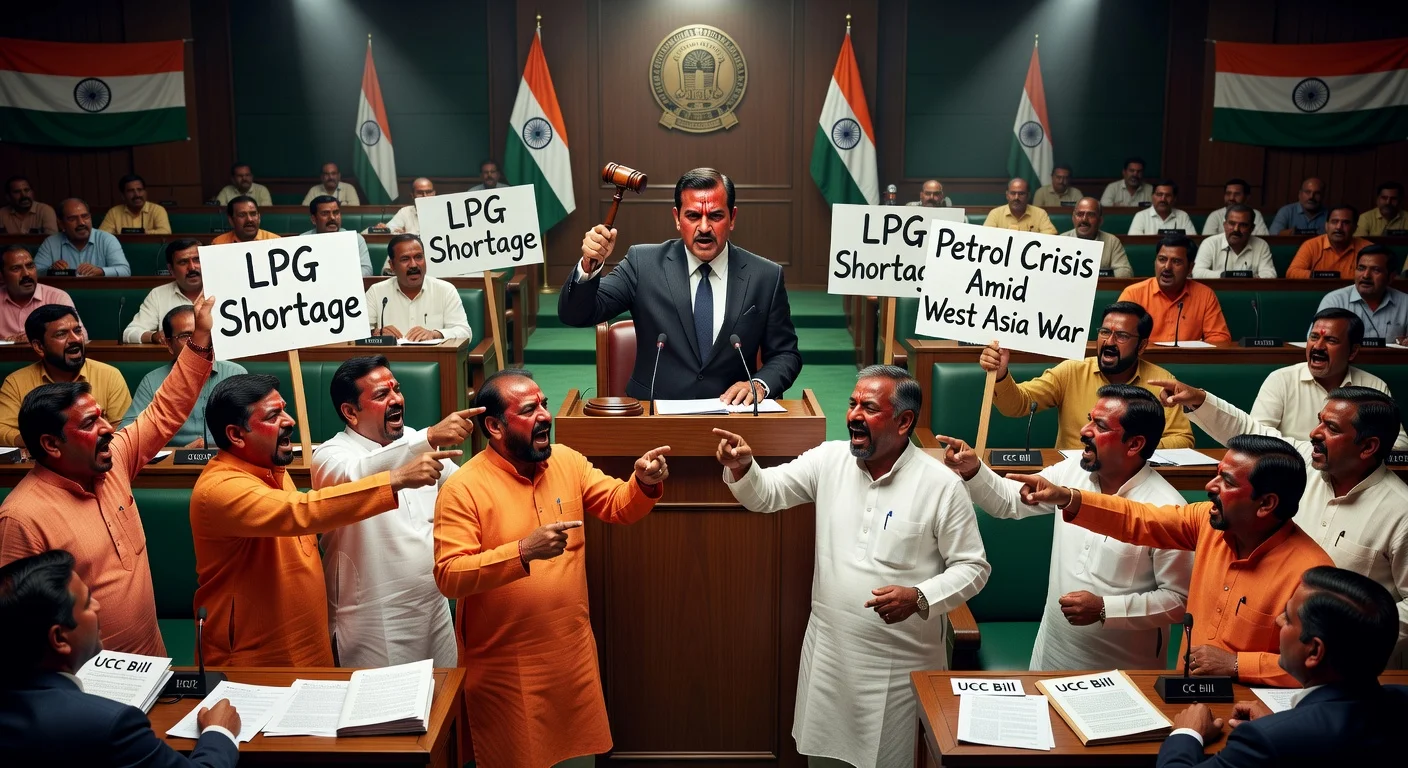 Heated confrontation between BJP and Congress members in Gujarat Assembly as Speaker denies fuel shortage debate amid UCC Bill tabling.