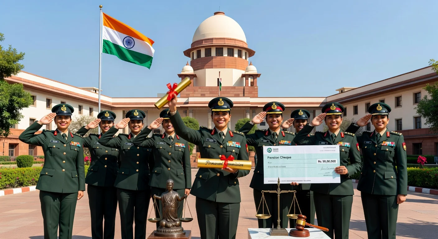 Illustration depicting women officers celebrating Supreme Court order for permanent commissions and pensions.