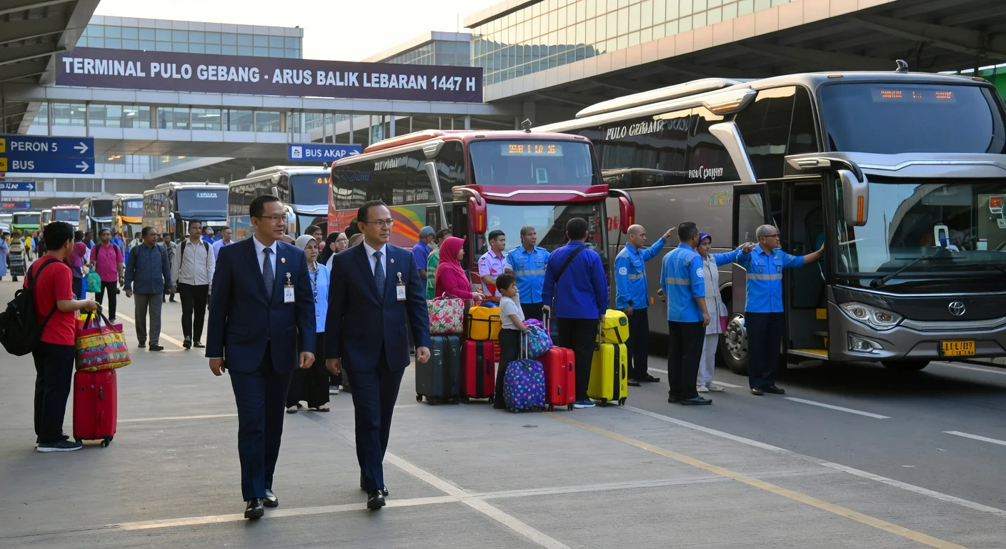 Cabinet Secretary Teddy Indra Wijaya and Transport Minister Dudy Purwagandhi inspecting the orderly Lebaran return flow at Pulo Gebang Bus Terminal in early morning light.