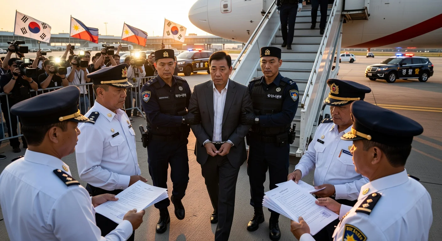 South Korean police escort drug kingpin Park Wang-yeol upon his repatriation from the Philippines at Incheon Airport.