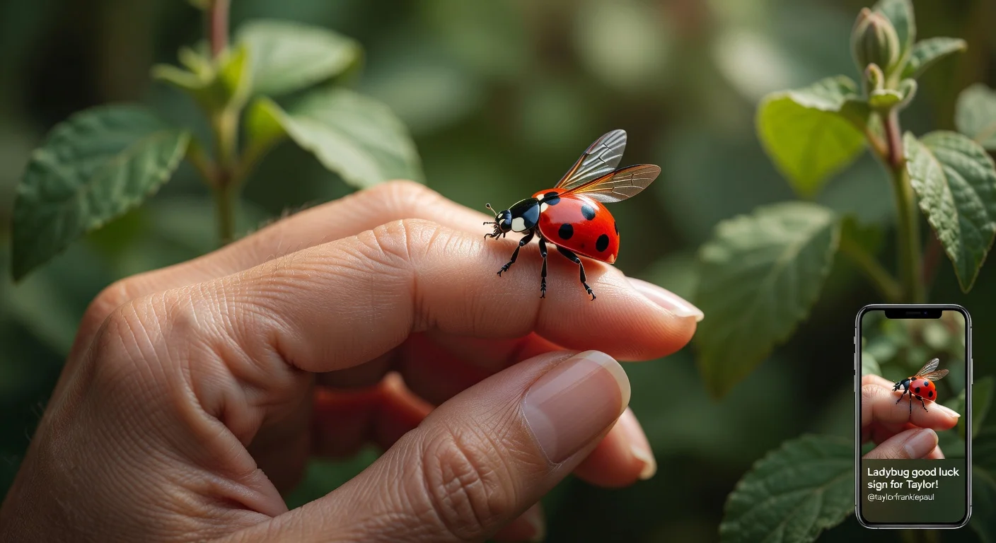 Middle-aged woman's hand with a ladybug perched on it, shared by Taylor Frankie Paul's mother as a good luck symbol amid family controversies.