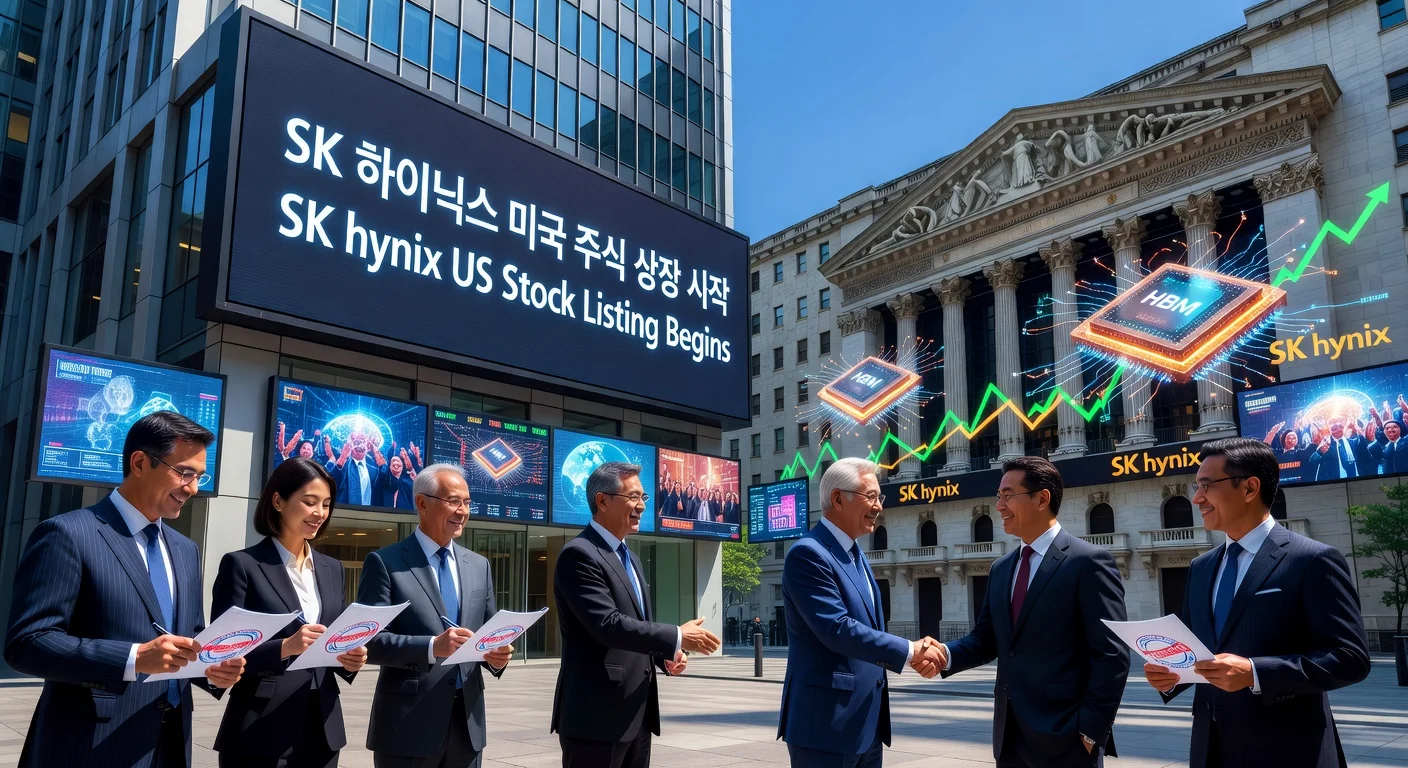 SK hynix executives announcing US stock listing plans with AI chips and Wall Street elements.
