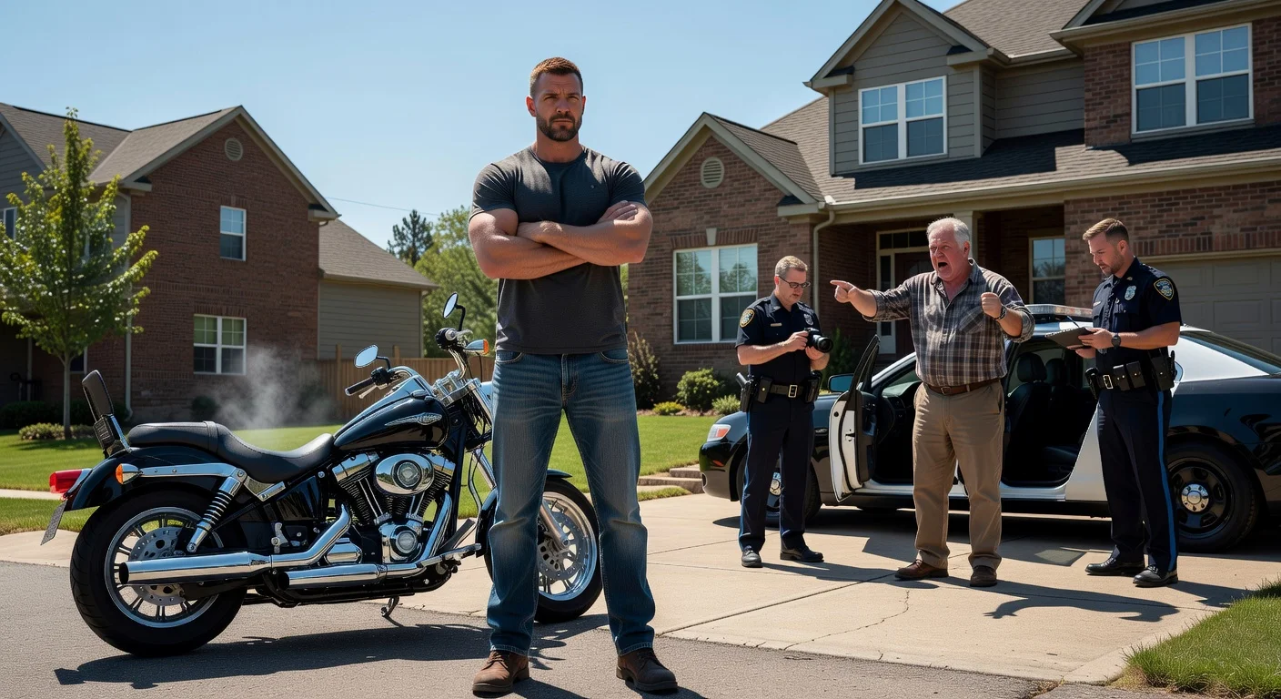 Photorealistic illustration of Alan Ritchson outside his Nashville home after police clear him of charges in a neighbor motorcycle dispute, ruled self-defense.