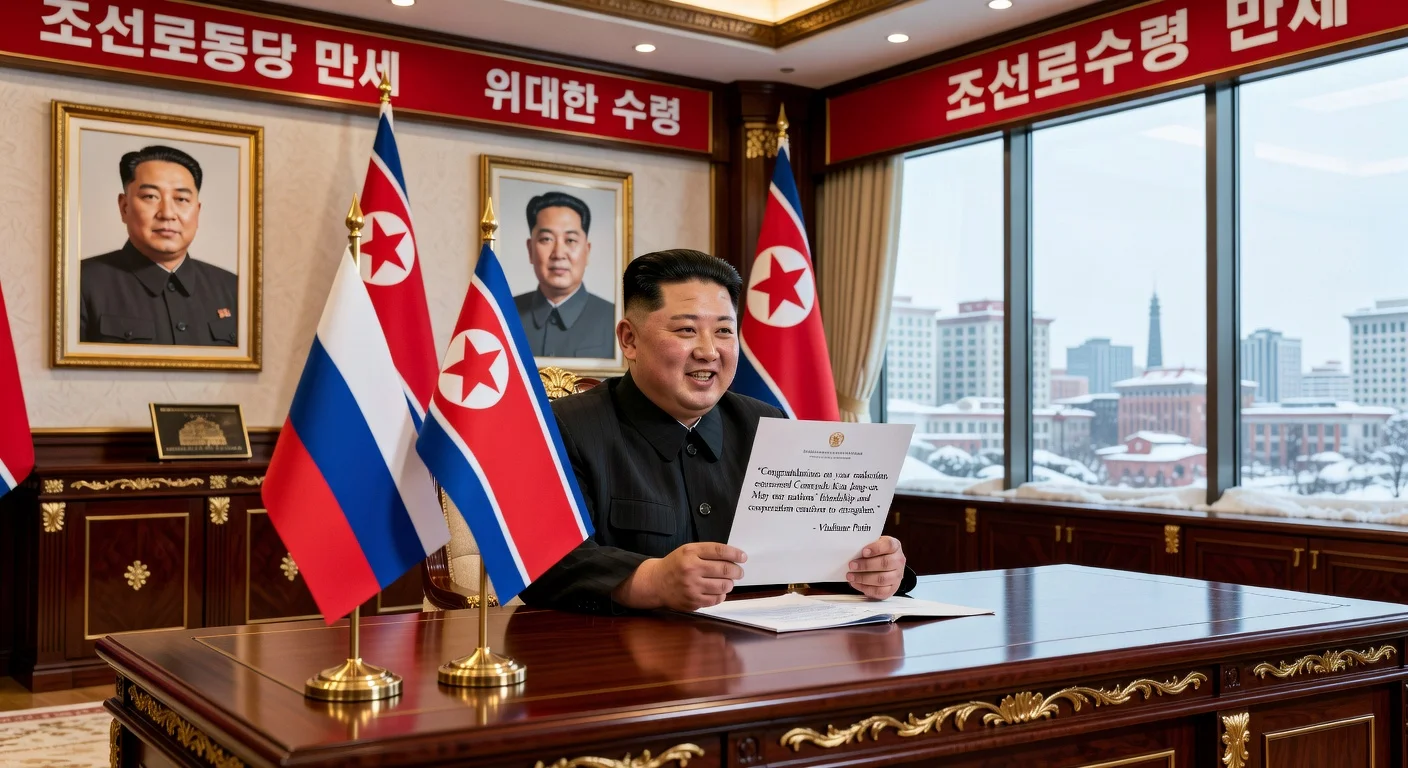 Illustration of Kim Jong-un thanking Putin for reelection congratulations, symbolizing strengthened North Korea-Russia ties.