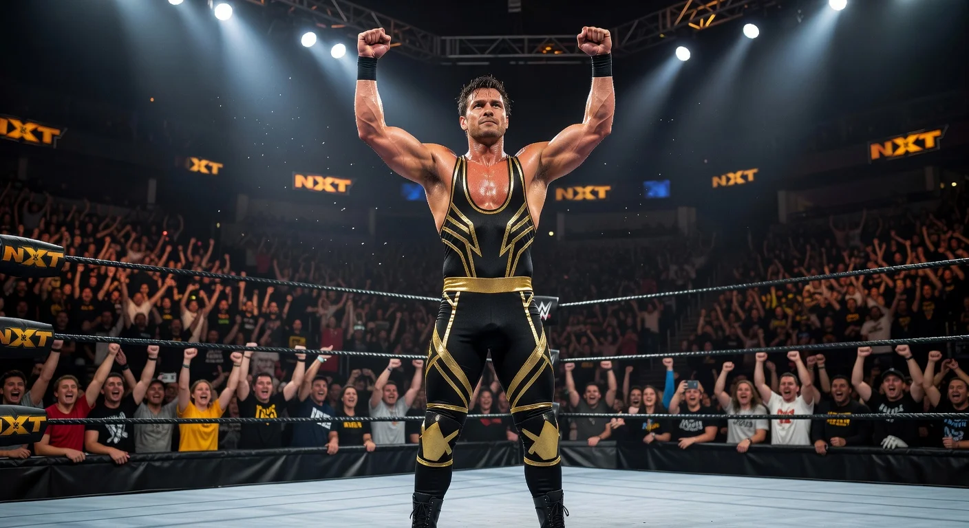 Johnny Gargano raises arms in victory after winning WWE NXT gauntlet match as mystery entrant.