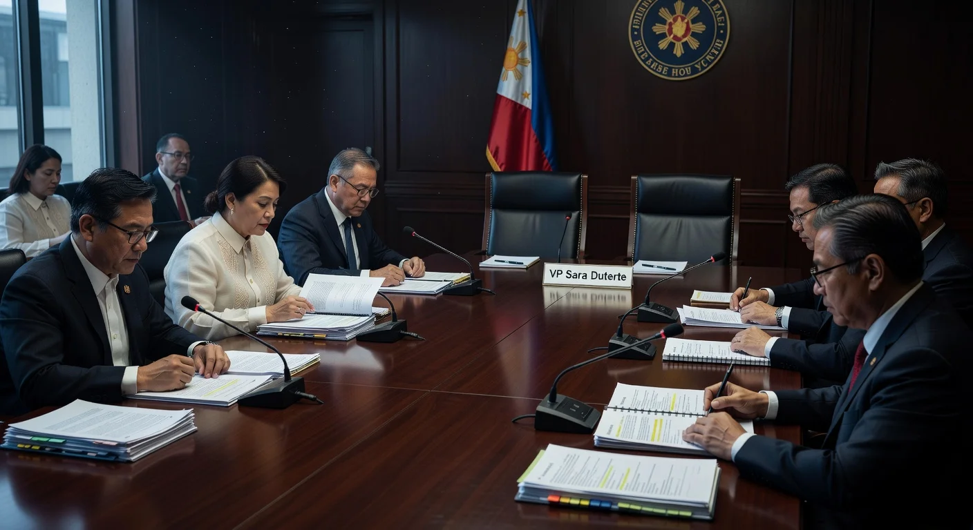 House justice committee holds first impeachment hearing for VP Sara Duterte without her or lawyers present, focusing on procedural agenda and audit evidence.