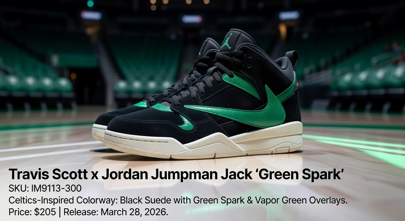 Photorealistic image of Travis Scott x Jordan Jumpman Jack 'Green Spark' sneakers in Celtics green colorway on a basketball court, styled for NBA Finals courtside debut.