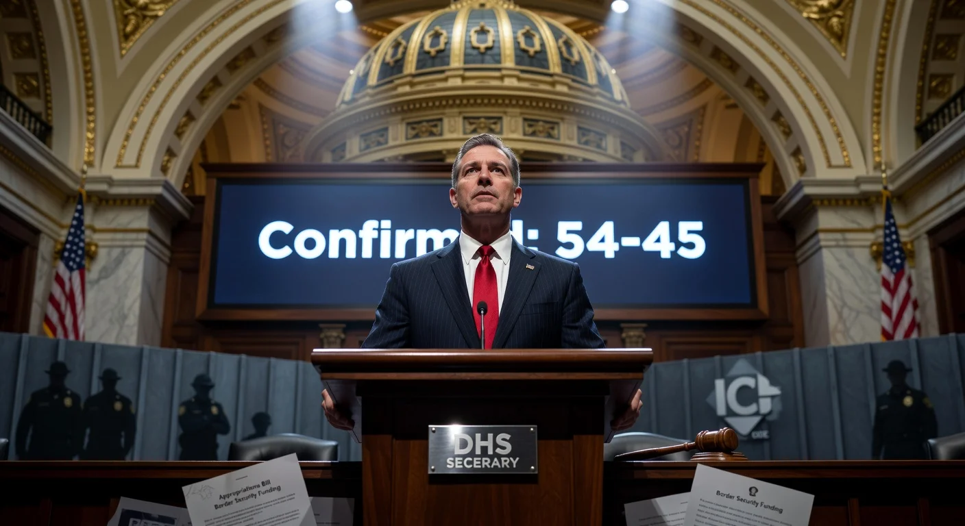 Photorealistic illustration of Sen. Markwayne Mullin confirmed 54-45 by the Senate as Homeland Security Secretary, amid border security symbols.