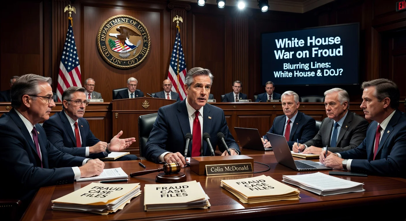 Illustration of Colin McDonald facing Senate scrutiny during confirmation hearing for DOJ fraud unit amid White House 'war on fraud' initiative.