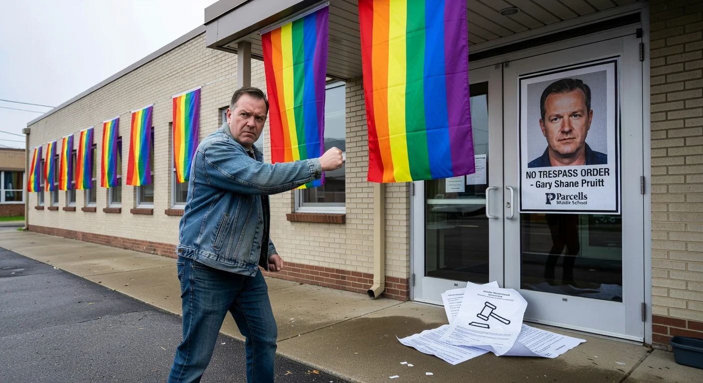 Protestor Gary Shane Pruitt outside Parcells Middle School with Pride flags and no-trespass notice featuring his photo, illustrating retaliation lawsuit.