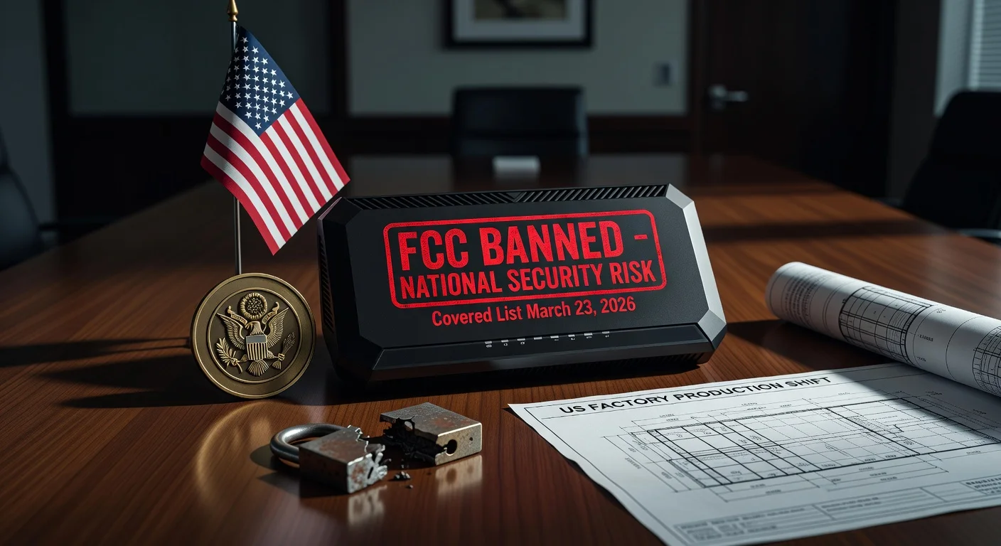 Illustration depicting FCC ban on new foreign-made routers due to security risks, featuring banned router, US flag, and production shift to America.