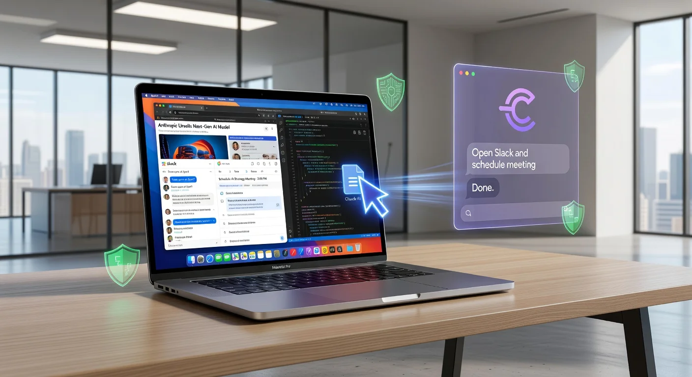 Illustration of Claude AI controlling a Mac desktop, with open apps like Slack and Calendar, highlighting new research preview features.