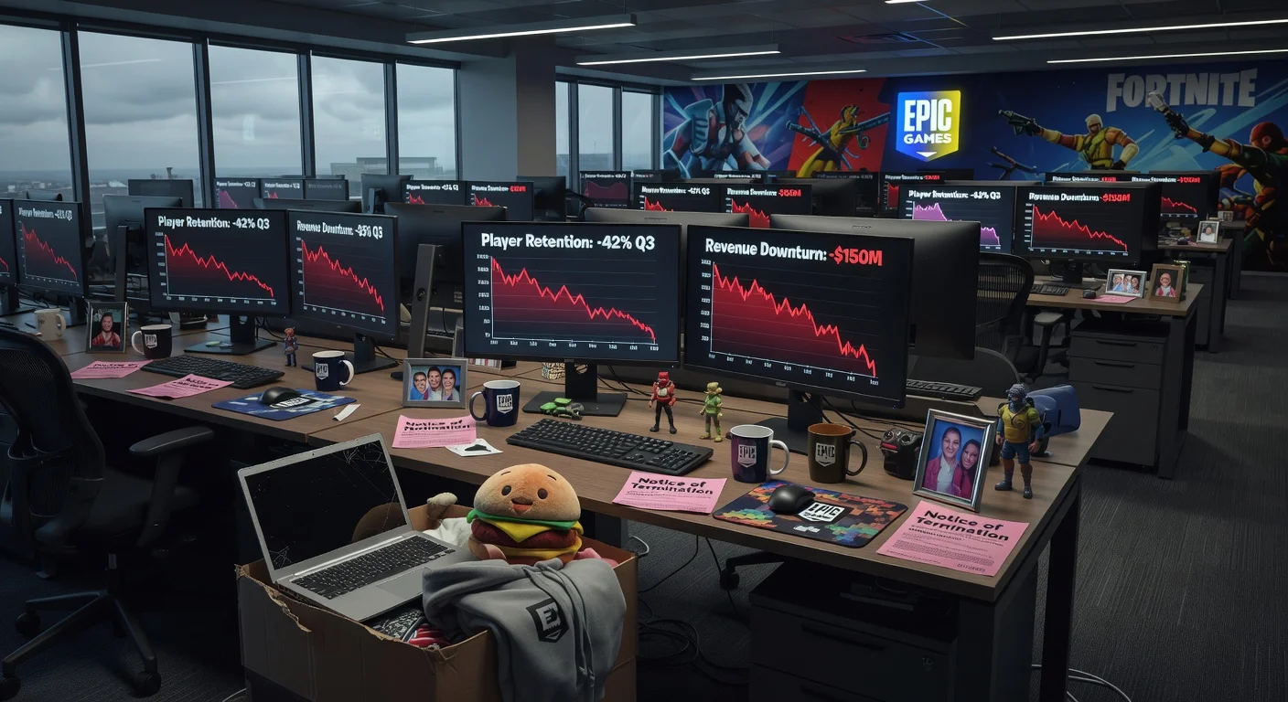 Somber image of an empty Epic Games office with declining Fortnite charts on screens, symbolizing over 1,000 layoffs due to engagement downturn.