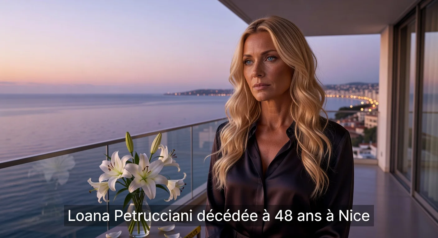 Somber photorealistic portrait of Loana Petrucciani against Nice Riviera backdrop with mourning symbols, for her obituary news article.