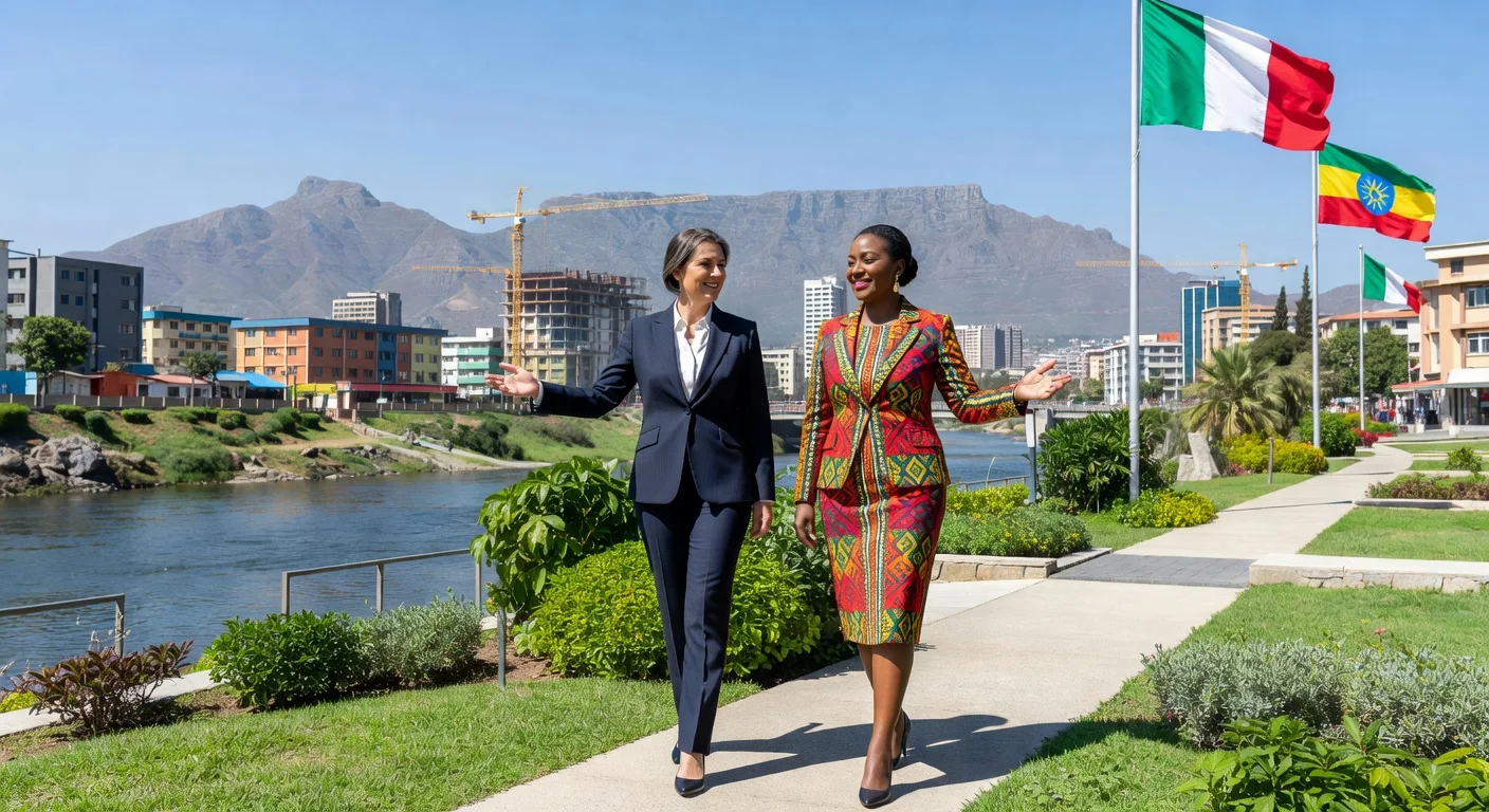 Italian Deputy Foreign Minister Maria Tripodi and Addis Ababa Mayor Adanech Abebe inspect the beautified river corridor project in Addis Ababa.