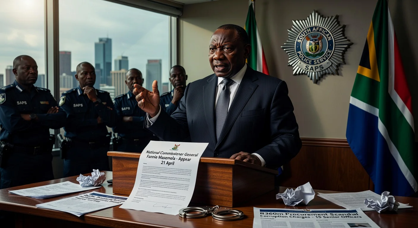 President Cyril Ramaphosa at podium pledging SAPS stability amid police commissioner summons and senior officer arrests in corruption scandal.